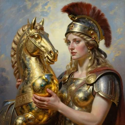 battlefield of trojan war, trojan horse, closeup portrait of eris discordia, holding filagree reflective gold!!! metal apple, goddess of chaos, fantasy character portrait, ultra realistic, wide angle, intricate details, artifacts, luminous skies, michael cheval, peter mohrbacher, boris vallejo, jessica rossier, oil painting, highly detailed, cinematic lighting, unreal