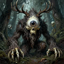hyperdetailed art nouveau portrait of treebeard as a cthulhu eyeball skull wendigo cryptid monster, by geof darrow, simon bisley and bill sienkiewicz, grim yet sparkling atmosphere, photorealism, claws, skeleton, antlers, fangs, forest, wild, crazy, horror, lynn varley, lovern kindzierski, steve oliff