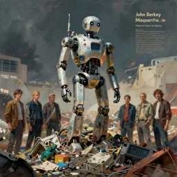 a painting of a robot standing on a pile of junk, concept art by john berkey and by ralph mcquarrie and by vincent di fate and by doug chiang and by les edwards, cgsociety, retrofuturism, reimagined by industrial light and magic, concept art, dystopian art