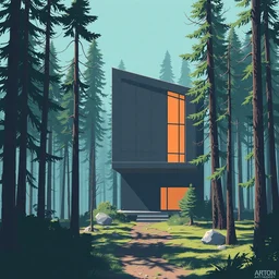 an illustration of a post - modern building in the woods, real light and shadow, trending on artstation, central composition, shape focus, high detailed, by anton fadeev