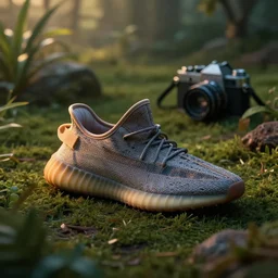A futuristic Yeezy shoe in the middle of a garden, vintage camera, dreamy, atmospheric, golden hour, cinematic lighting, 8K concept art, melancholy, detailed