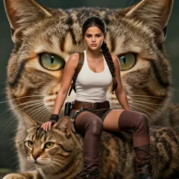 A badass photo of tough looking Selena Gomez as a muscled Lara Croft sitting on her large giant cat beast, award winning photography, perfect faces, cinematic, 50 mm, trending on Twitter, extremely detailed,