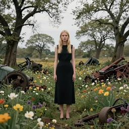 a beautiful woman standing in an amazing landscape of flowers and trees, surrounded by broken machinery, dutch, blonde, tall, pretty, by tim walker, atmospheric, epic composition, trending on artstation, octane render