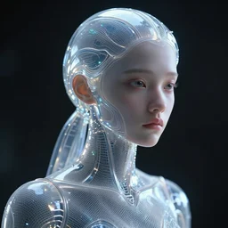 classy elegant sophisticated weta movie still full very up close portrait photo, mesh render, a sad translucent plastic cyborg girl, glittering light leaks, octane render, sleek curves, intricate sharp focus, by nixeu and guweiz and ilya kuvshinov, sleek curves, intricate sharp focus, trending on artstation hq, unreal engine 5