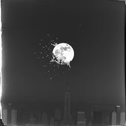 vintage photo still of the moon!!!! exploding!!!! exploding moon moon explosion fragments on one side moon rupture moon exploding moon explosion shattered moon moon shattering over!!!!!!!! new york city!!!!!!!! in the 1 9 2 0 s, black and white, weathered, edge vignette, explosion in the sky, moon exploding