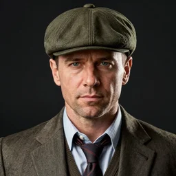 portrait kevin mckidd, olive green flat cap, gilet suit, gta v cover, marvel comics, dark, intricate, highly detailed