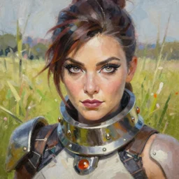 oil painting of tracer overwatch in a field, expressive face, very detailed face, wearing large steel choker, very detailed eyes, full body, feminine face, detailed makeup on eyes,