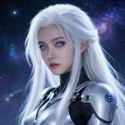 perfect android girl, warframe armor, beautiful face, scifi, futuristic, galaxy, nebula, bae suzy, dreamy, long white hair, blue cyborg eyes, cinematic lighting, highly detailed, very cute, focused, artstation, divine, by gauthier leblanc, kazuya takahashi, huifeng huang, jama jurabaev, artgerm