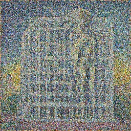 artwork of a building, with a large visible humanoid and a visible scenery in the style of kazimir malevich,