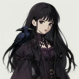 dark haired girl, goth style, raven on her shoulder, pale gentle face, intricate detailed outfit, art by sakimichan, studio ghibli