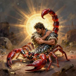 man hugs a large scorpion