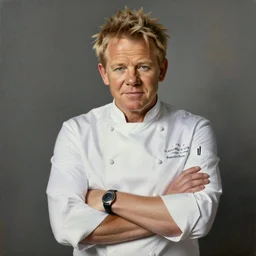 A medium shot of Gordon Ramsay in a chef uniform crossing his arms, oil on canvas, high-key lighting