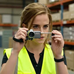 photo, close up, emma watson in a hi vis vest, in warehouse, android cameraphone, as seen in 1 9 6 8 action movie, 2 6 mm,