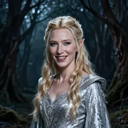 portrait of mischievous, dangerous Cate Blanchett's young Galadriel as a queen of elves, dressed in a elegant silvery garment. The background is a dark, chilling eastern europen forrest.  night, horroristic shadows, higher contrasts, (((lumnious))), dramatic, character concept art by ruan jia, thomas kinkade, and J.Dickenson, trending on Artstation