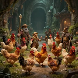 a party of varied chicken adventurers going through a fantasy dungeon, matte painting, concept art, 8 k, highly detailed, cinematic lighting,