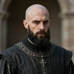 medieval nobleman, bald with a black beard and a serious look on his face.