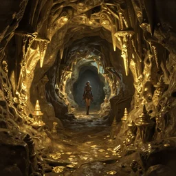 subterranean passageway featuring karst, rugged dungeon interior, greg rutkowski, alena aenami, artstation, radiant lighting, gilding