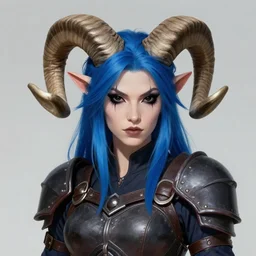 illustrated realistic portrait female ram-horned kobold blue hair with black evil devil eyes wearing strap leather armor by rossdraws