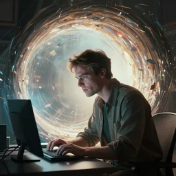 an intricate concept art of a a man getting sucked into a portal while working on a computer, action film color palette, artstation, deviantart, octane render, cinematic, inception concept, christopher nolan film style