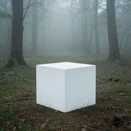 photograph of a white concrete cube sitting in the middle of a forest clearing, foggy, liminal