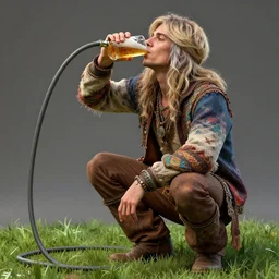 a hippie young man, blonde and silver hair, crouching, drinking beer from a long vertical garden hose, colourful clothes, hyper realistic, extreme detail, grass, smooth, subtle shadows, fine details, octane render, stunning, intricate, elegant, highly detailed, digital portrait, artstation, smooth, sharp focus, raw, by greg rutkowski