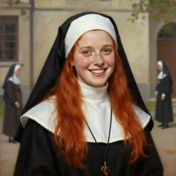 a portrait of the daily life of a beaming young provocative redhead nun outside a convent. highly detailed painting. art by artgerm and greg rutkowski