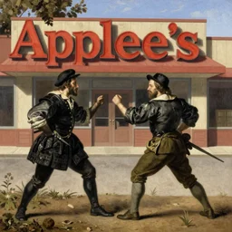 Rembrandt painting of 2 people fighting outside of an Applebee's
