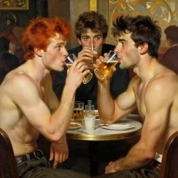 attractive muscular ginger hair mike and muscular attractive brunet hair ty, drinking their hearts out, boys night out. highly detailed painting by gaston bussiere, craig mullins, j. c. leyendecker, alphonse mucha 8 k