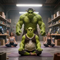 the hulk and shrek doing yoga poses in the morning - produced in surreal sweatshop under fluorescent dominion, advanced, photorealistic, realistic, dramatic lighting, fantastic reality, by michelangelo, 8 k resolution