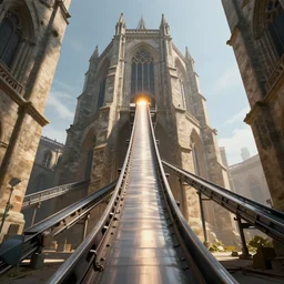 granary conveyor belts emerging from a towering abbey, digital art, environment art, volumetric lighting