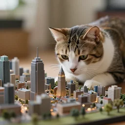 Bored cat destroying a detailed miniature diorama of a city, photography 4k, f1.8 anamorphic, bokeh, 4k, Canon, Nikon