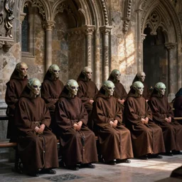 humanoid alien robed benedictine monks sing in a stone gothic monastery kodak portra ektachrome