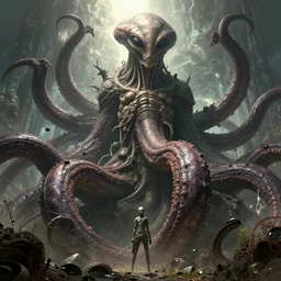 giant ancient alien tentacles artwork by yoshitaka amano, detailed background, extremely detailed, octane rendering, sharp focus, volumetric light, particles, unreal engine 5, rtx