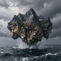 mountains floating above a stormy ocean, hyperrealism, masterpiece