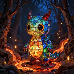 maximalist creature made out of stained glass, cute scene illuminated by lava rivers and fireflies, thomas cole, octane render, 4 k, ray tracing, specular highlights, 4 k, desktop wallpaper, trending on artstation