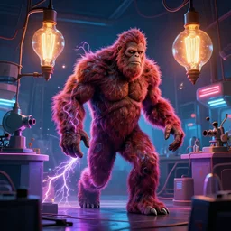 bigfoot in his lab, electrical arcs, magical sparks, large glowing light bulbs, neon glow, highly detailed, digital art, intricate, dramatic lighting, retro futuristic, neon colors, cinematic, art by norman rockwell, greg rutkowski, james gurney, giger