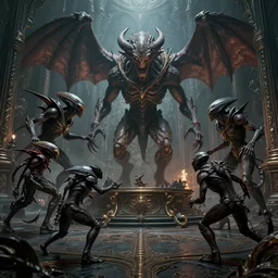 Arrivals aliens fighting Demons from Constantine, high detail, 8k, ornate, dark fantasy, masterpiece, complex, film still from the movie directed by Denis Villeneuve with art direction by Pablo Picasso and Greg rutkowski, Alex Gray, wide angle