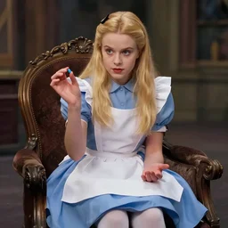Alice , casually sitting in wonderland ,  with a red pill in one hand , and a blue pill in the other