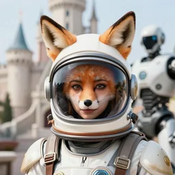 **high resolution 8k, close up portrait photograph of a female wearing a space helmet, dressed as a fox, standing near a castle, and a robot, vogue photoshoot - n 4