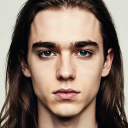 young man, long hair!!!!, clean shaven, dark green eyes, long eyelashes, dark eyebrows, light widows peak, light facial hair, in the style of banksy, in frame