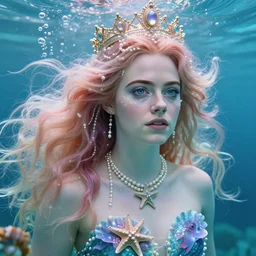 emma stone portrait, fantasy, mermaid, hyperrealistic, game character, underwater, highly detailed, sharp focus, cinematic lighting, pearls, glowing hair, shells, gills, crown, water, highlights, starfish, jewelry, realistic, digital art, pastel, magic, fiction, ocean, king, colorful hair, sparkly eyes, fish, heroic, god, waves, bubbles