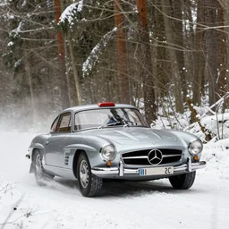 a 1 9 5 4 mercedes - benz 3 0 0 sl gullwing, racing through a rally stage in a snowy forest