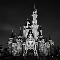 the Disney castle made of skulls and bones, nightmare, black and white