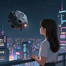 girl staring at a meteorite hitting a floating cyberpunk city at night by wlop, key visual, high detail, digital art
