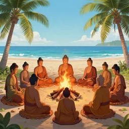 photorealistic illustration of multiple buddhas sitting around a campfire in a circle at the beach with palm trees in the back,, artstation, deviantart, cgsociety