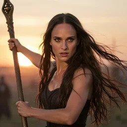 epic photo of natalie portman as beautiful d & d sorceress with long straight black hair blowing in the wind in a battle scene, holding her staff and casting a spell, sweaty, detailed eyes, neutral expression, shallow depth of field, photorealistic, cinematic lighting, lovely bokeh, warm colours, sunset south, strong rim light, movie quality, willow 1 9 8 5, movie still