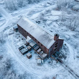 top down drone footage of post pocaliptic frostpunk landscape, old abandoned lumber mill, crates with wood and supply, beautiful icy area