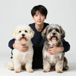 studio portrait of a person with their pet dog that looks exactly like them, 8 k, ultra realistic