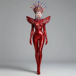 a full - body female character design wearing a red sequined bodysuit, beads hanging over her face like an alexander mcqueen headdress, costume by eiko ishioka, haute couture by moebius, steven outram, colorful and psychedelic, hd, 8 k, artstation, high quality