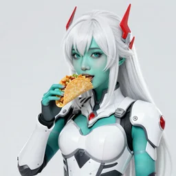teal - skin mothgirl eating a taco, white sci - fi armor, white hair, red accents